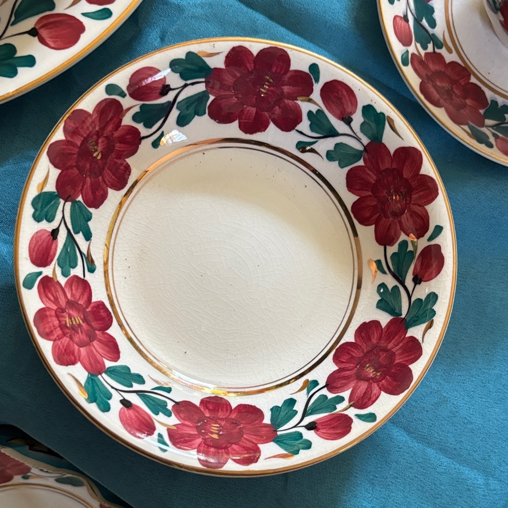 Hand-Painted Red Floral Ceramic Salad/ Desserts Plate - Home Dining